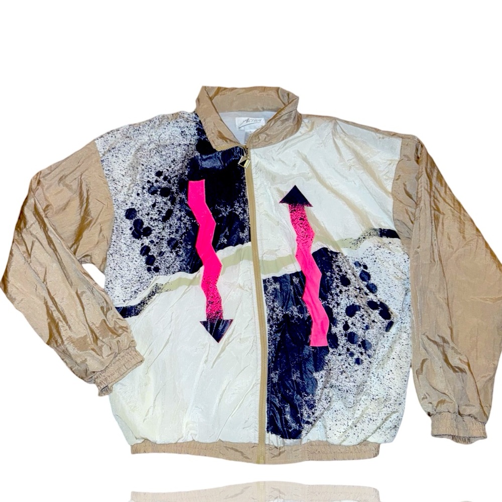 Activa Windbreaker: Vintage 80’s 90’s Neon and Champagne Nylon: Unisex Large